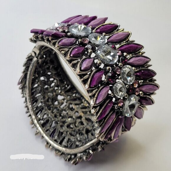 Bold Purple Cuff Bracelet Floral Motif Purple Bangle - Picture 9 of 14